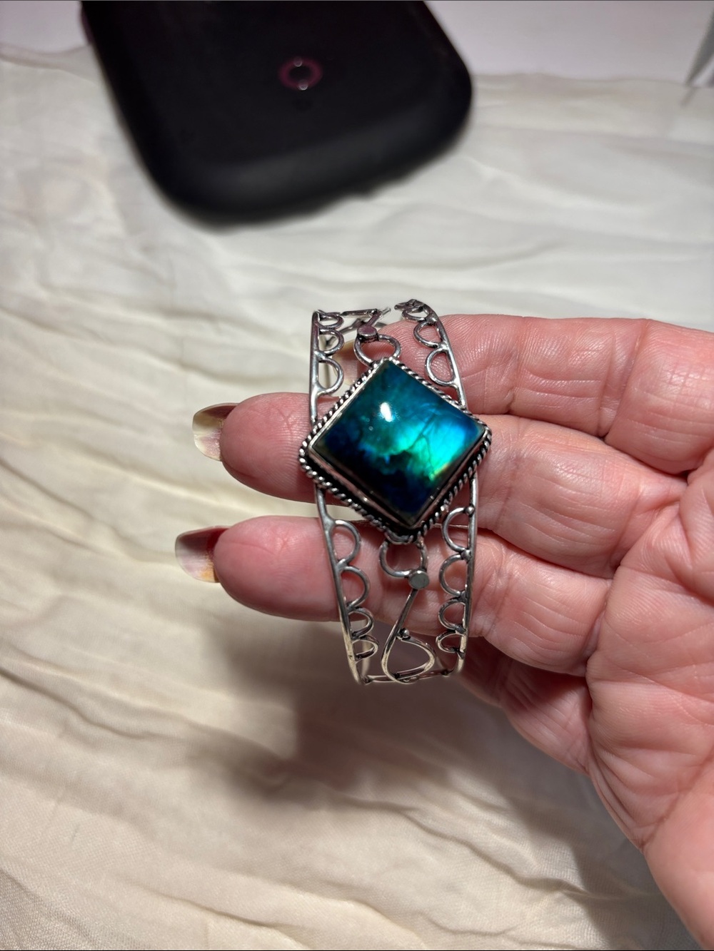 NEW Gorgeous Dyed Aqua Flash Labradorite Cuff Bracelet! 925 Silver -Stamped